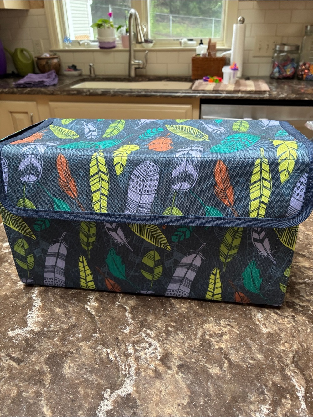 thirty-one Feather Print Storage Box in Teal, Yellow, Orange, Gray